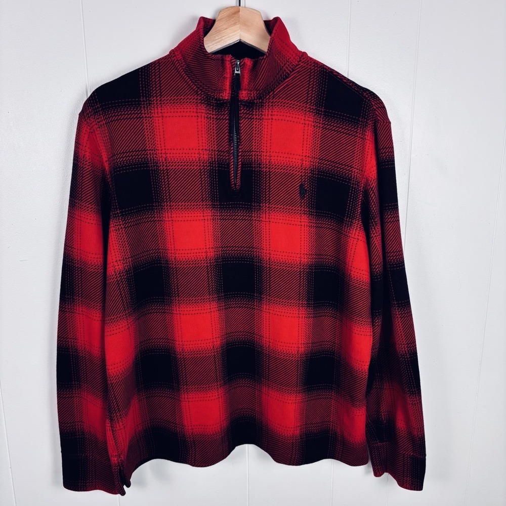 Polo Ralph Lauren Red Buffalo Plaid 1/4 Zip Pullover Jacket Womens Medium Cotton